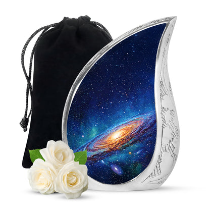 Calming Blue Galaxy Cremation Urn front view showing detailed design - graceful tear-shaped urn with galaxy motif - full-size 10 inch 200 cubic inch adult cremation urn