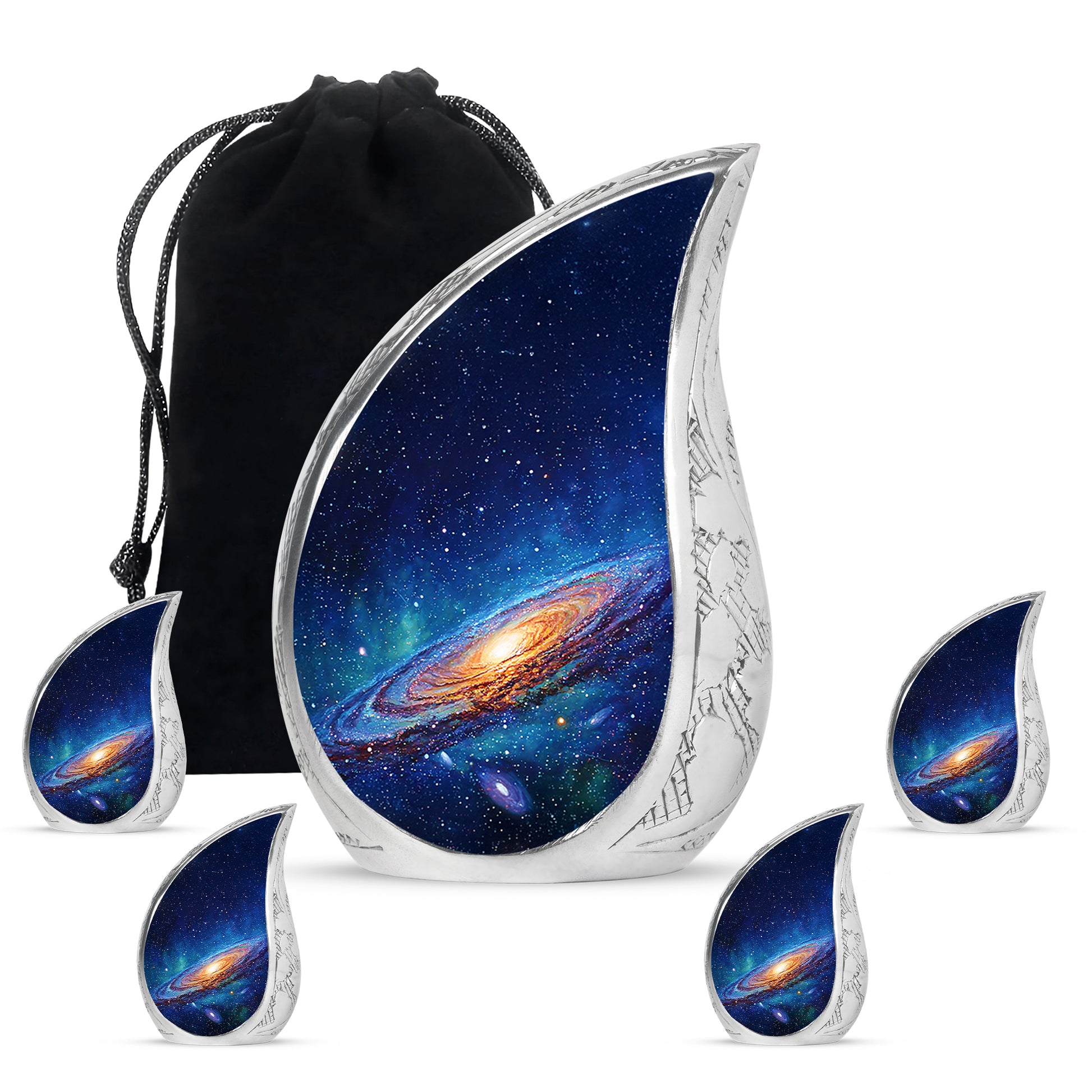 Pastel Blue Galaxy Cremation Urn side profile showing urn shape - flowing teardrop galaxy silhouette on curved aluminum - memorial set with one large and four small urns