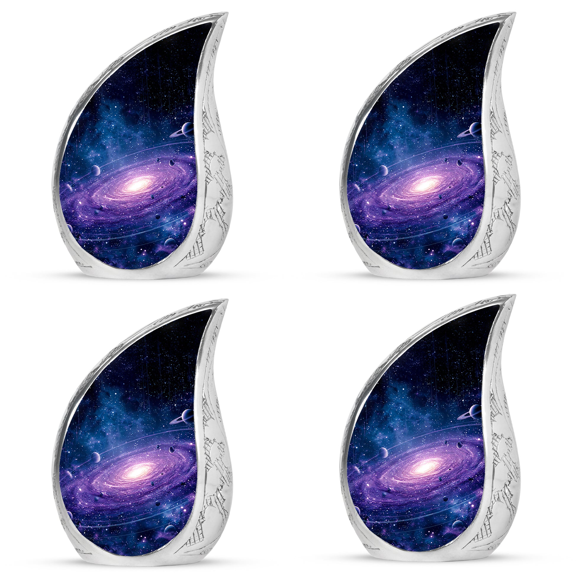 Vivid Blue Galaxy Cremation Urn close-up of engraving and surface detail - graceful tear-shaped urn with galaxy motif - 10 inch aluminum urn for cremated remains