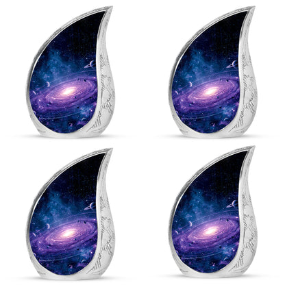 Vivid Blue Galaxy Cremation Urn close-up of engraving and surface detail - graceful tear-shaped urn with galaxy motif - 10 inch aluminum urn for cremated remains