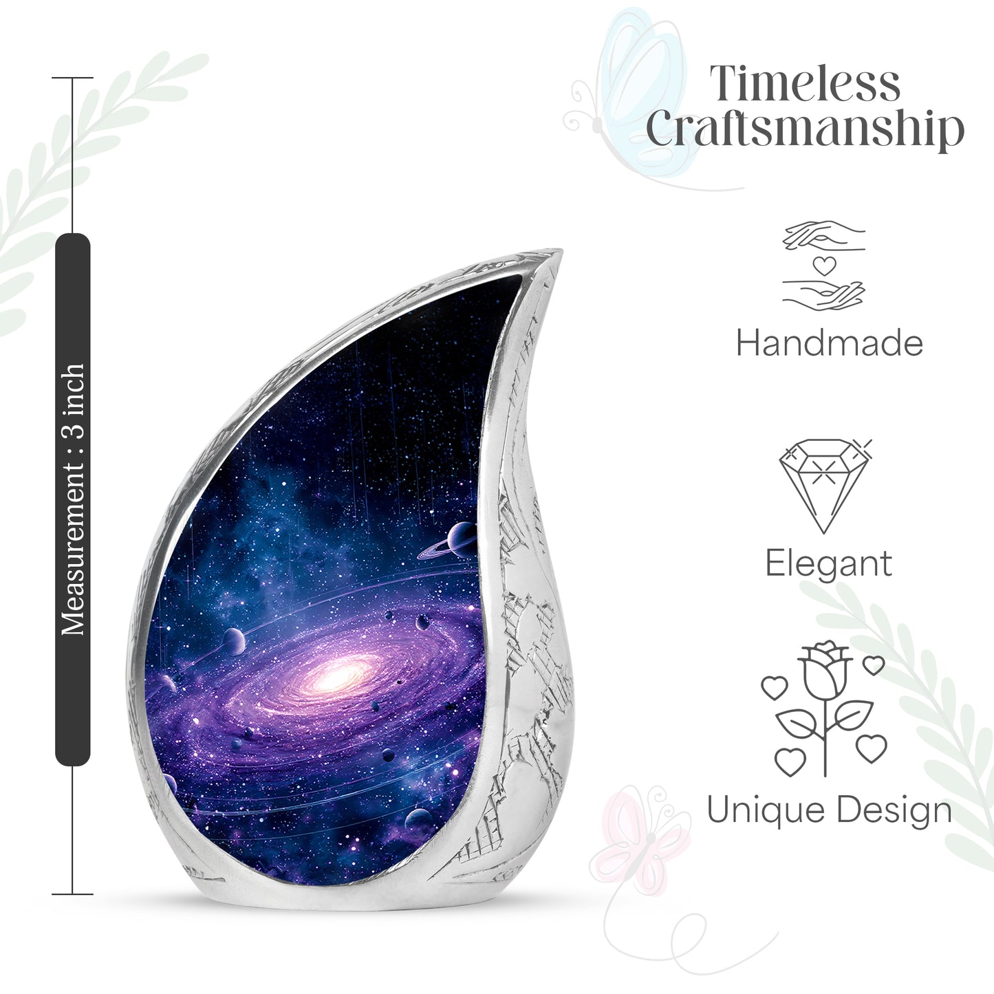 Slate Blue Galaxy Cremation Urn angled view of lid and engraved motif - flowing teardrop galaxy silhouette on curved aluminum - mini keepsake memorial for portion of cremation ashes