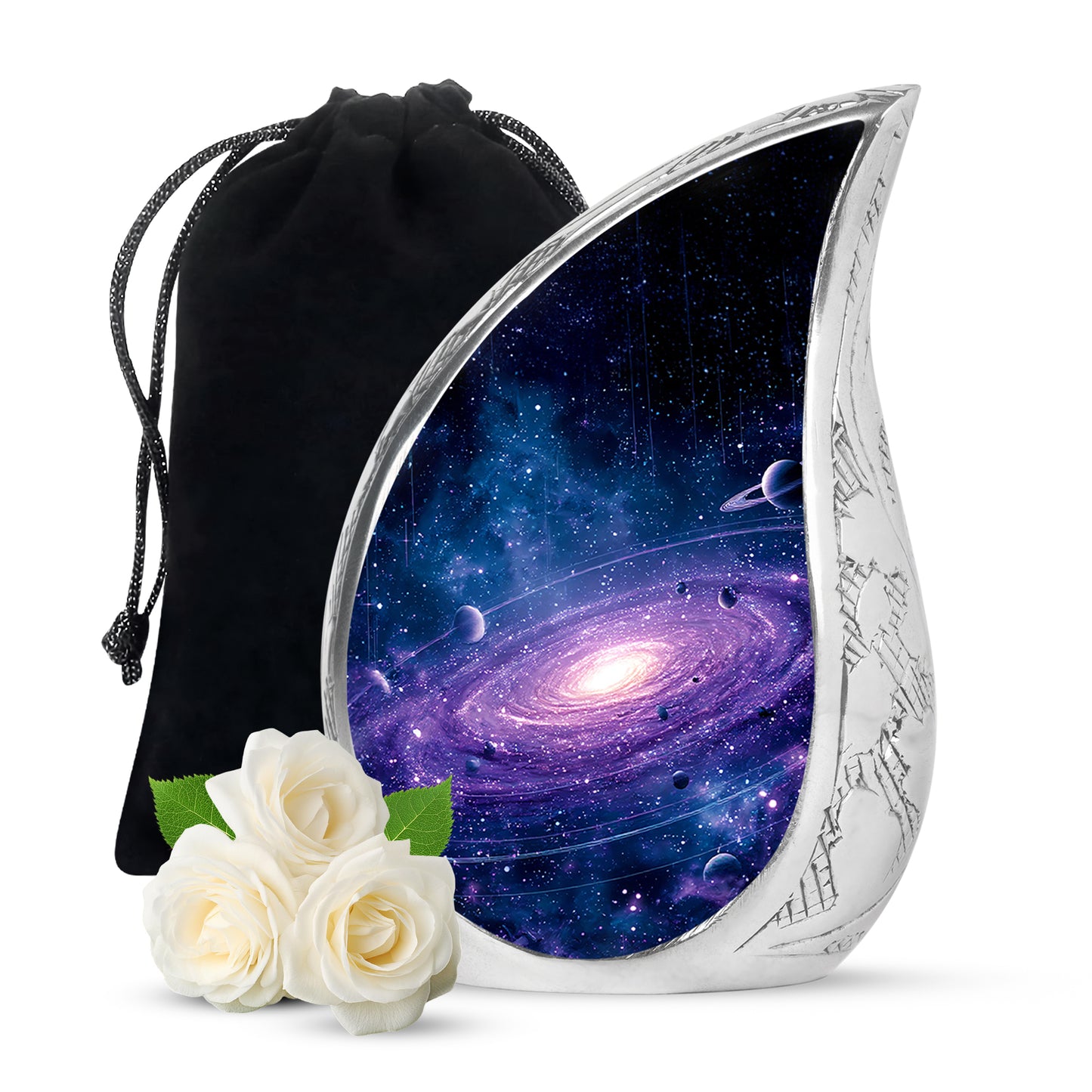 Vivid Blue Galaxy Cremation Urn front view showing detailed design - graceful tear-shaped urn with galaxy motif - full-size 10 inch 200 cubic inch adult cremation urn