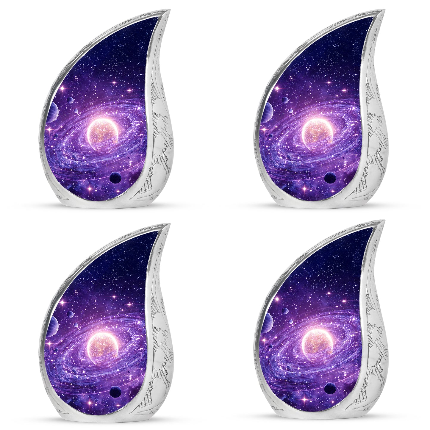 Twilight Purple Galaxy Cremation Urn close-up of engraving and surface detail - smooth teardrop contour featuring galaxy art - 10 inch aluminum urn for cremated remains