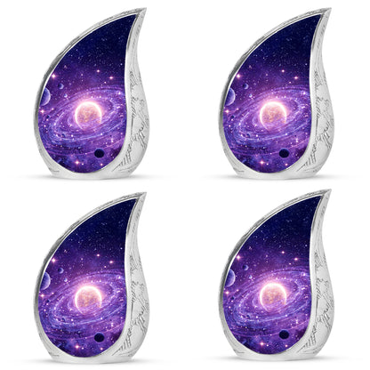 Twilight Purple Galaxy Cremation Urn close-up of engraving and surface detail - smooth teardrop contour featuring galaxy art - 10 inch aluminum urn for cremated remains