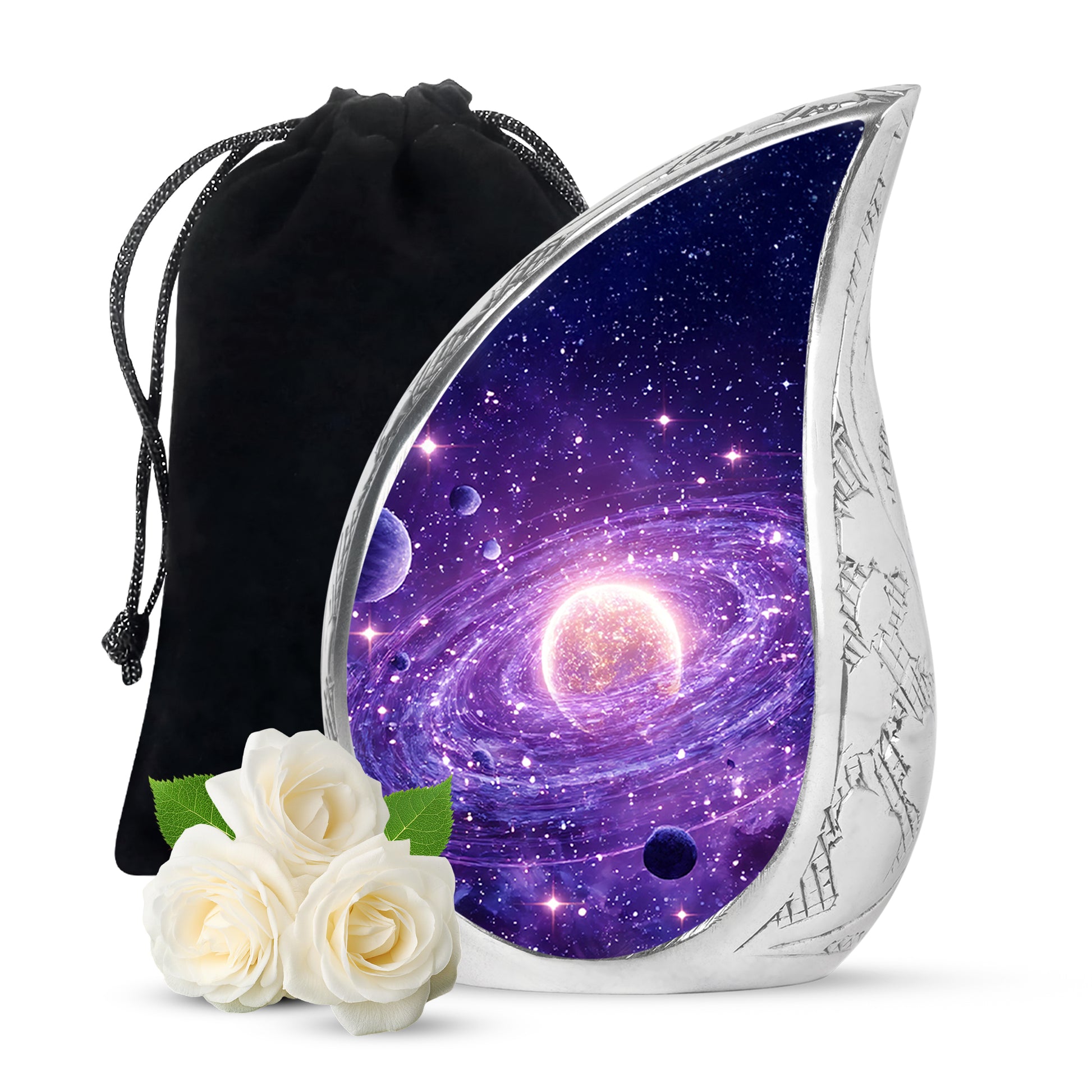 Plum Purple Galaxy Cremation Urn front view showing detailed design - flowing teardrop galaxy silhouette on curved aluminum - full-size 10 inch 200 cubic inch adult cremation urn