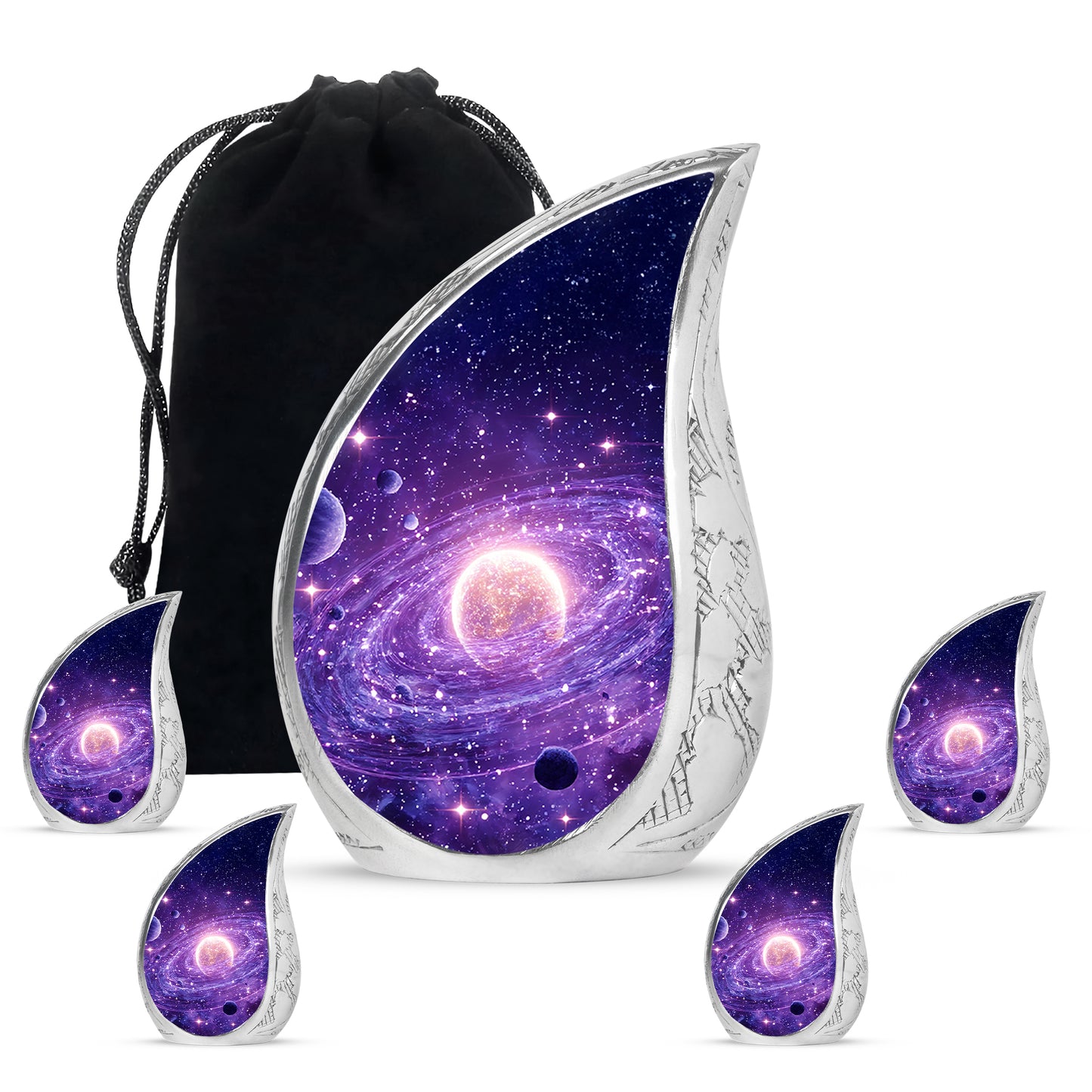 Lavender Purple Galaxy Cremation Urn side profile showing urn shape - smooth teardrop contour featuring galaxy art - memorial set with one large and four small urns
