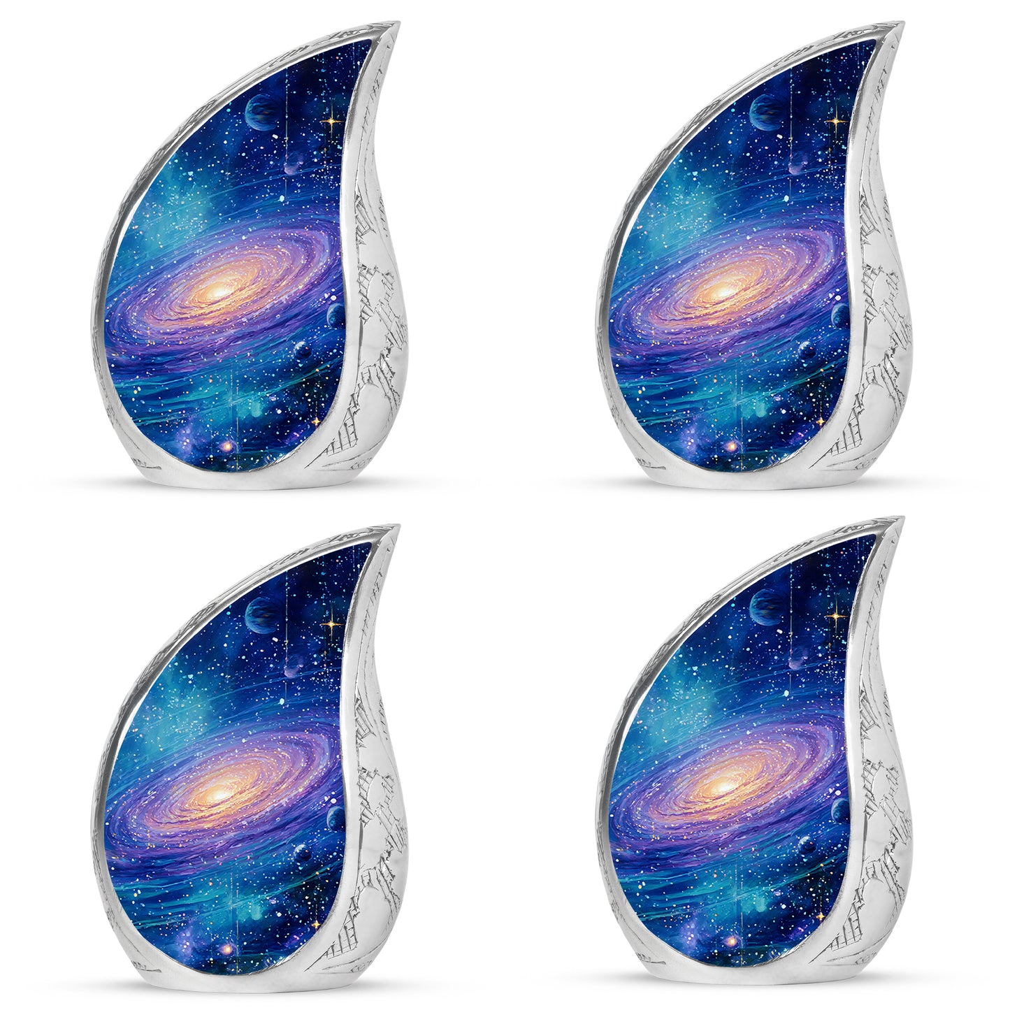 Dusty Blue Galaxy Cremation Urn close-up of engraving and surface detail - rounded teardrop galaxy design with delicate detail - 10 inch aluminum urn for cremated remains