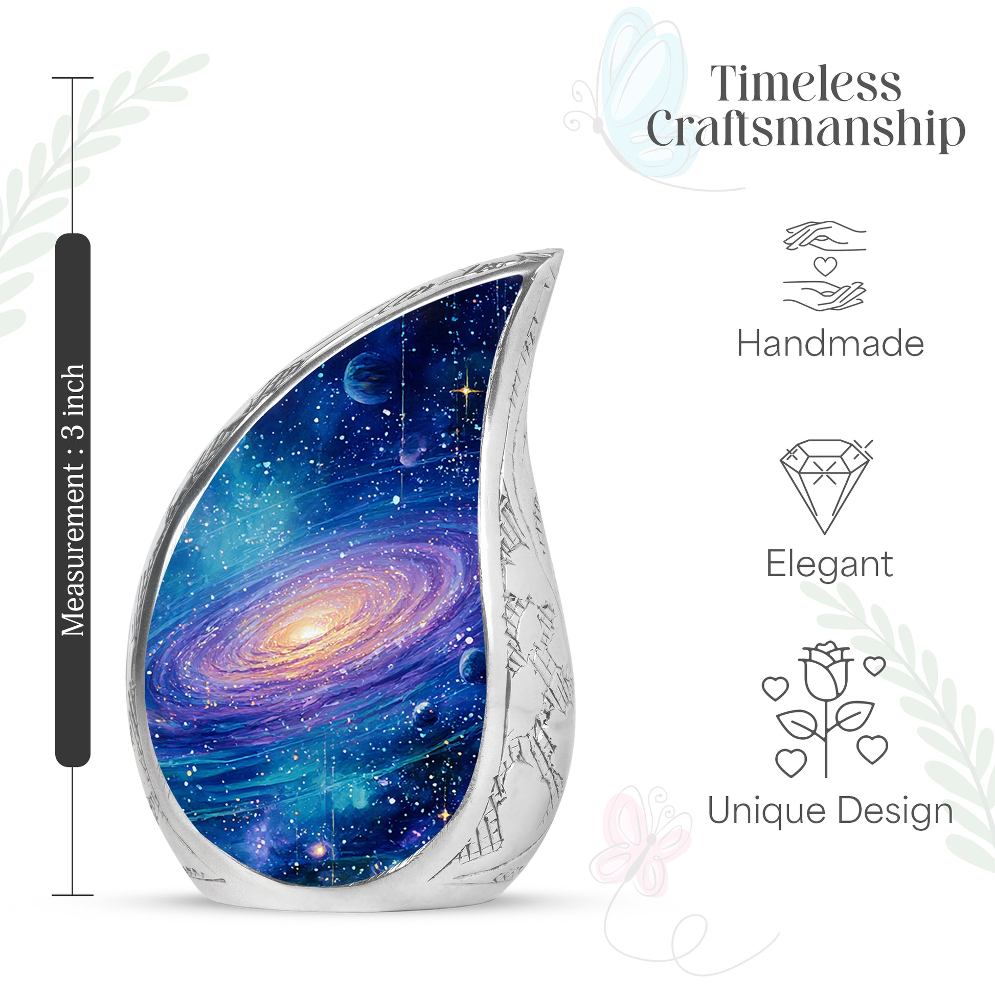 Celestial Blue Galaxy Cremation Urn angled view of lid and engraved motif - rounded teardrop galaxy design with delicate detail - mini keepsake memorial for portion of cremation ashes