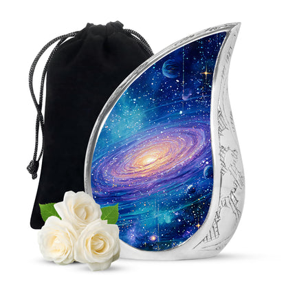 Soft Blue Galaxy Cremation Urn front view showing detailed design - graceful tear-shaped urn with galaxy motif - full-size 10 inch 200 cubic inch adult cremation urn