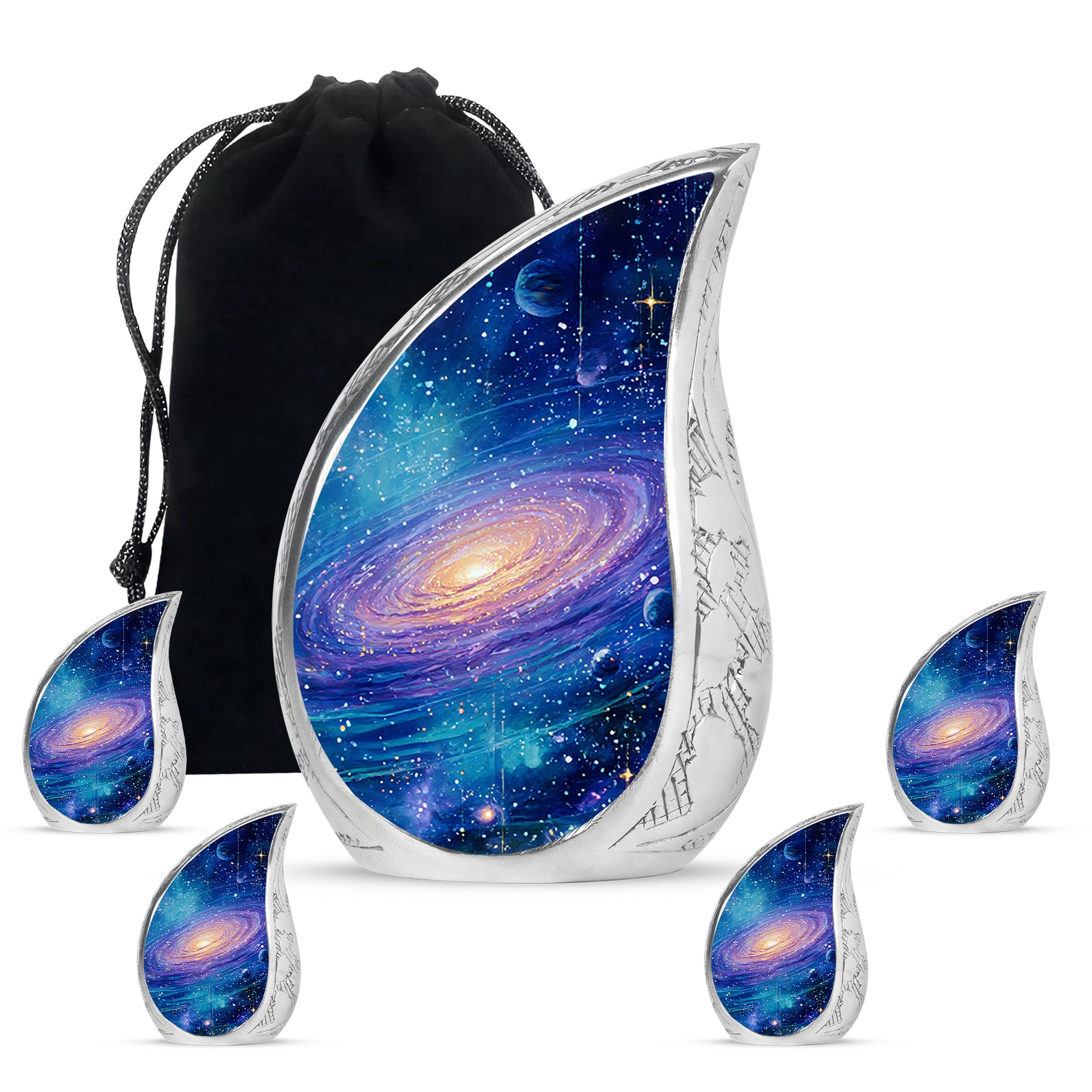 Celestial Blue Galaxy Cremation Urn side profile showing urn shape - rounded teardrop galaxy design with delicate detail - memorial set with one large and four small urns