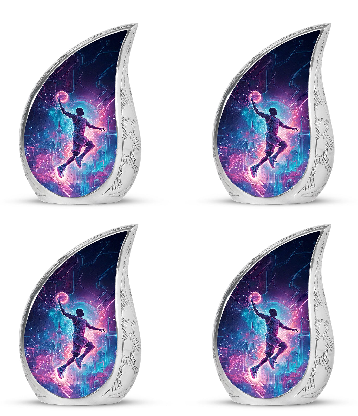 Rich Black Basketball Cremation Urn close-up of engraving and surface detail - flowing teardrop basketball silhouette on curved aluminum - 10 inch aluminum urn for cremated remains