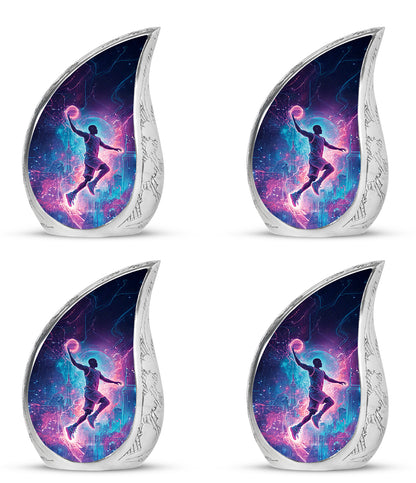 Rich Black Basketball Cremation Urn close-up of engraving and surface detail - flowing teardrop basketball silhouette on curved aluminum - 10 inch aluminum urn for cremated remains