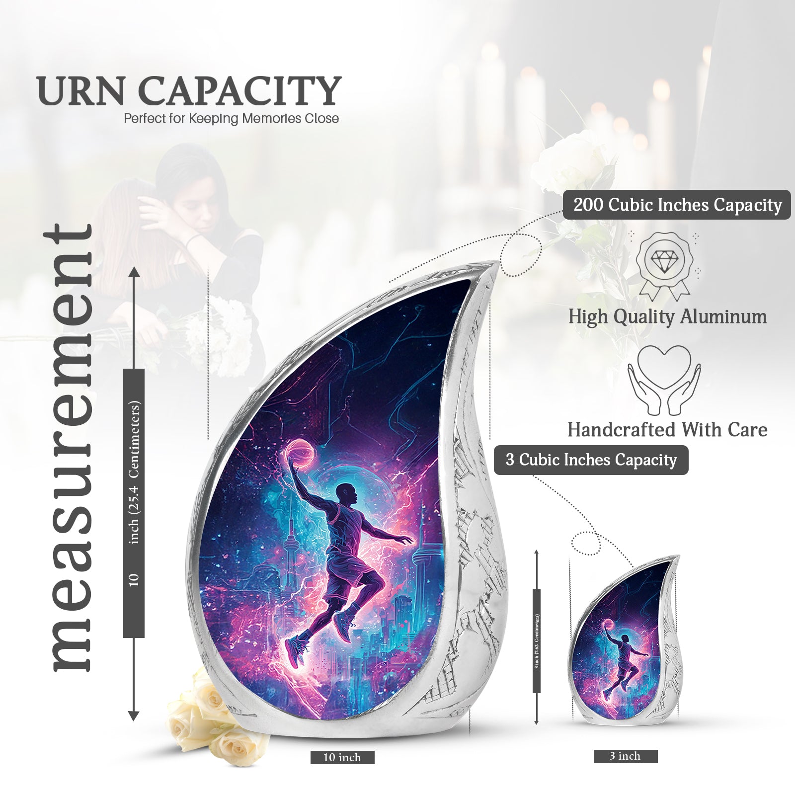 Ebony Basketball Cremation Urn angled view of lid and engraved motif - rounded teardrop basketball design with delicate detail - mini keepsake memorial for portion of cremation ashes