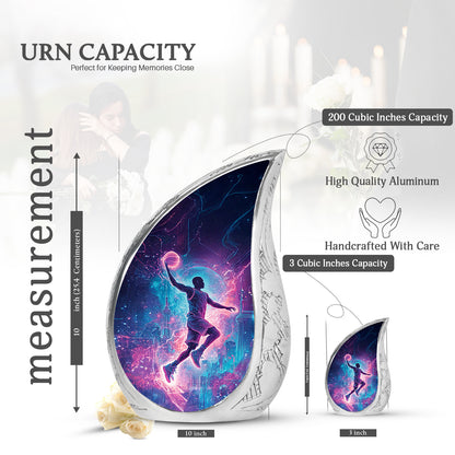 Ebony Basketball Cremation Urn angled view of lid and engraved motif - rounded teardrop basketball design with delicate detail - mini keepsake memorial for portion of cremation ashes
