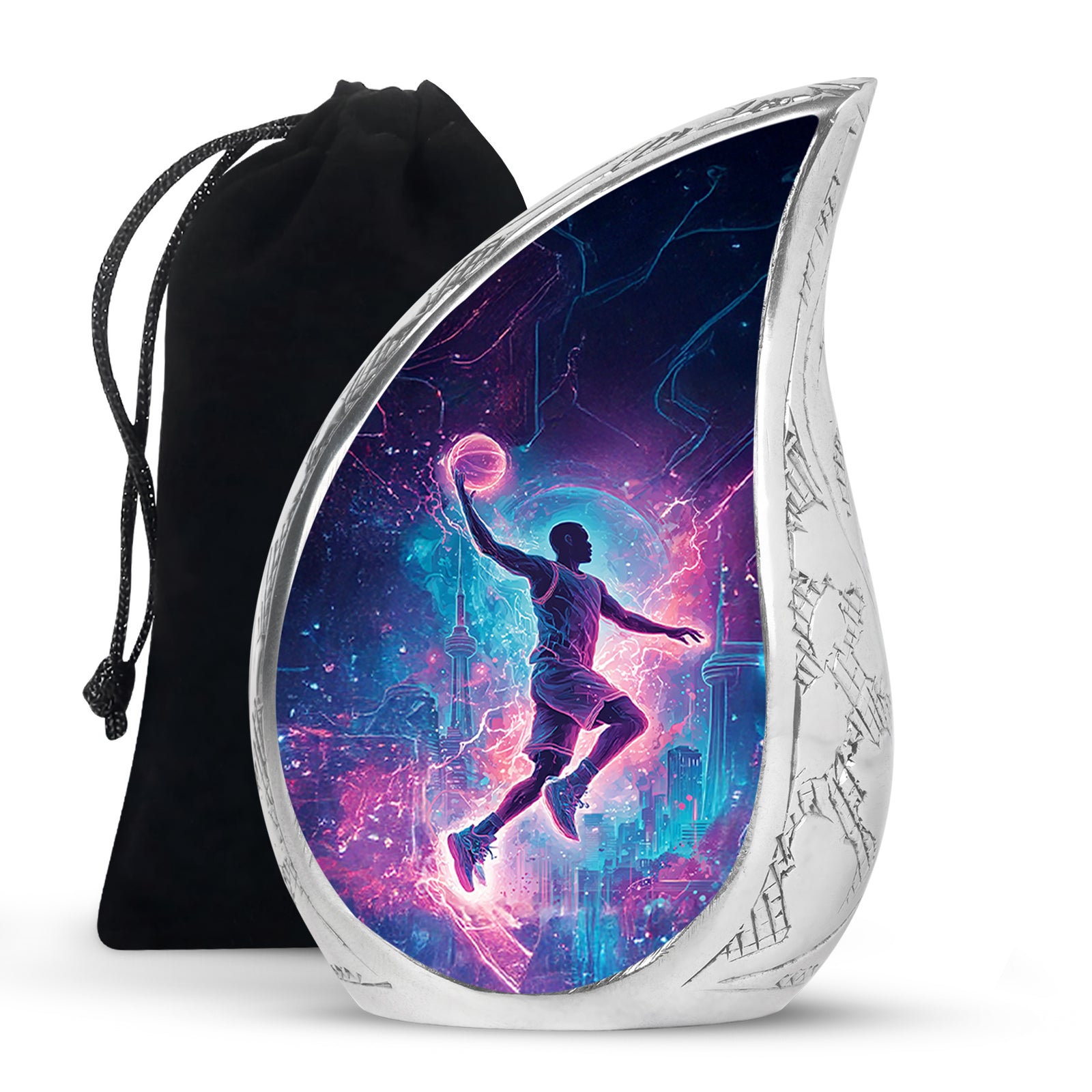 Midnight Black Basketball Cremation Urn front view showing detailed design - graceful tear-shaped urn with basketball motif - full-size 10 inch 200 cubic inch adult cremation urn