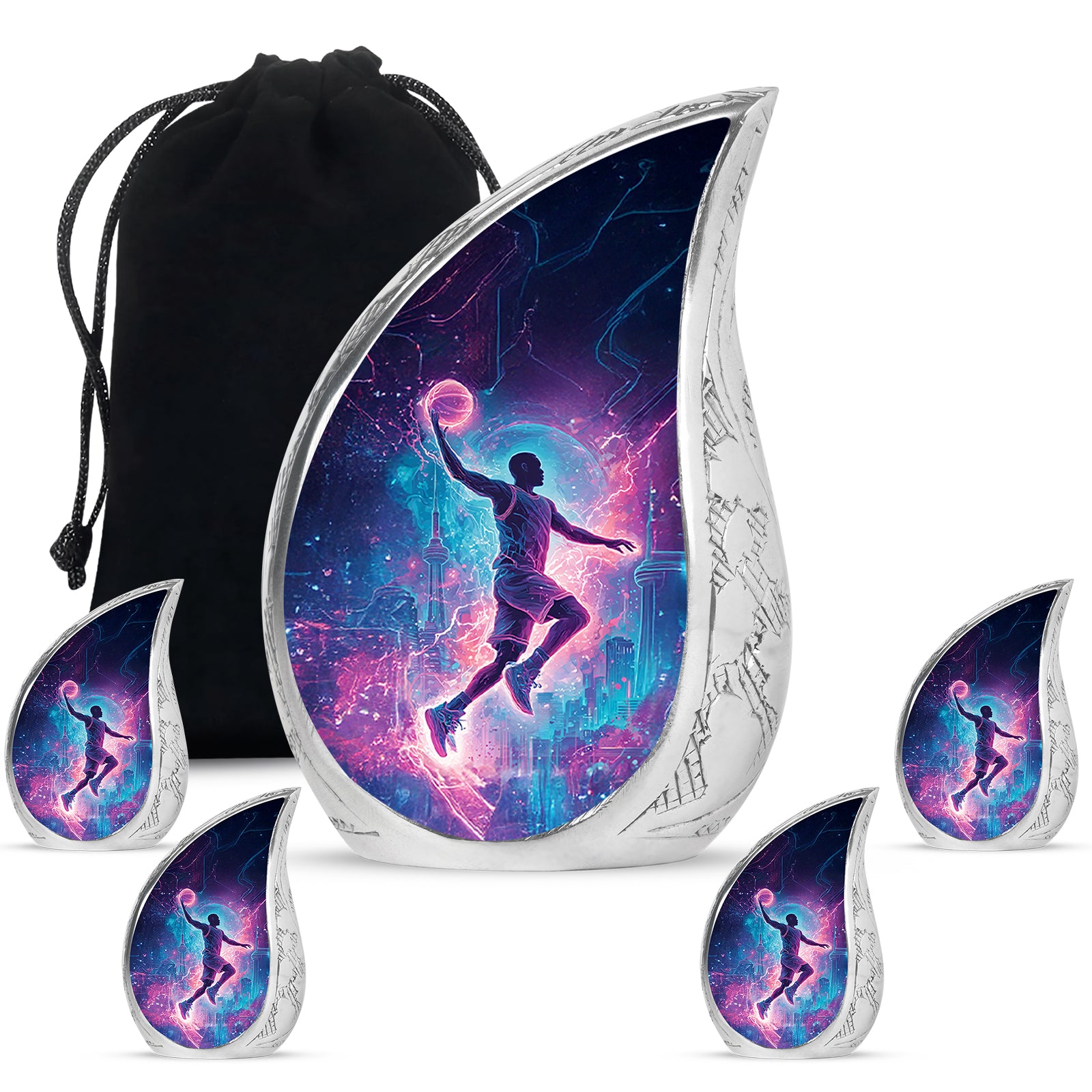 Deep Black Basketball Cremation Urn side profile showing urn shape - rounded teardrop basketball design with delicate detail - memorial set with one large and four small urns