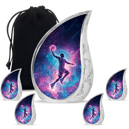 Deep Black Basketball Cremation Urn side profile showing urn shape - rounded teardrop basketball design with delicate detail - memorial set with one large and four small urns