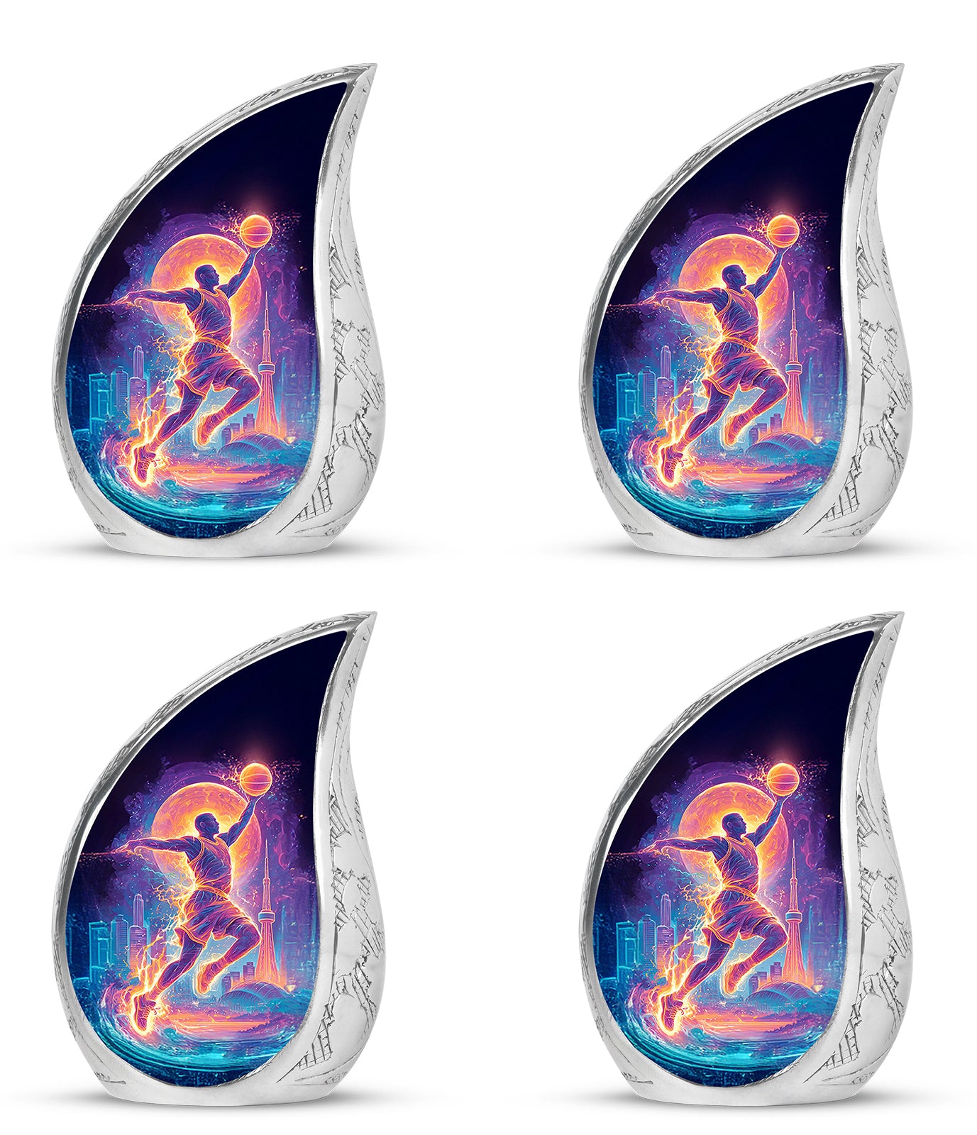 Rich Black Basketball Cremation Urn close-up of engraving and surface detail - flowing teardrop basketball silhouette on curved aluminum - 10 inch aluminum urn for cremated remains