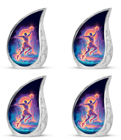 Rich Black Basketball Cremation Urn close-up of engraving and surface detail - flowing teardrop basketball silhouette on curved aluminum - 10 inch aluminum urn for cremated remains