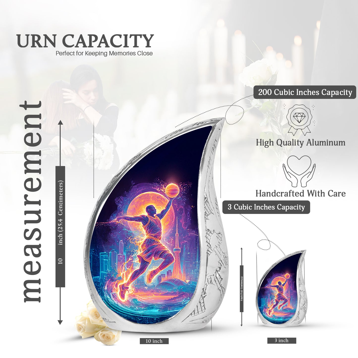 Glossy Black Basketball Cremation Urn angled view of lid and engraved motif - flowing teardrop basketball silhouette on curved aluminum - mini keepsake memorial for portion of cremation ashes