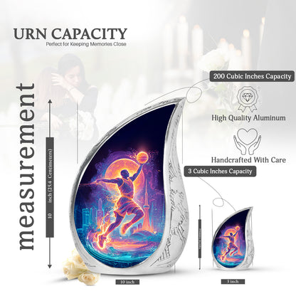 Glossy Black Basketball Cremation Urn angled view of lid and engraved motif - flowing teardrop basketball silhouette on curved aluminum - mini keepsake memorial for portion of cremation ashes