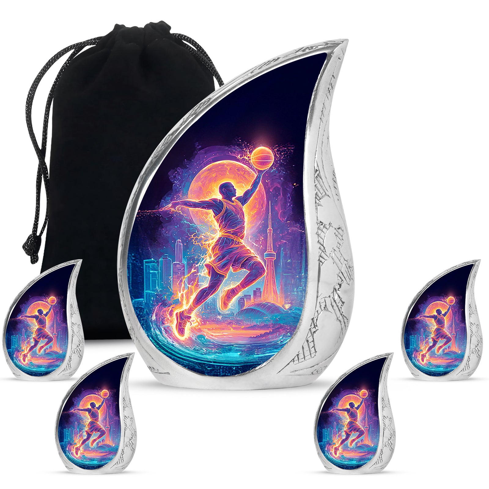 Obsidian Black Basketball Cremation Urn side profile showing urn shape - smooth teardrop contour featuring basketball art - memorial set with one large and four small urns