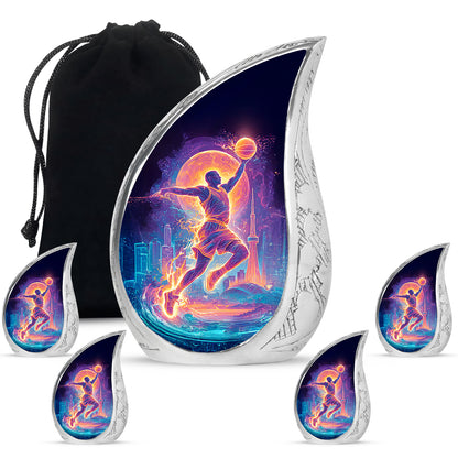 Obsidian Black Basketball Cremation Urn side profile showing urn shape - smooth teardrop contour featuring basketball art - memorial set with one large and four small urns