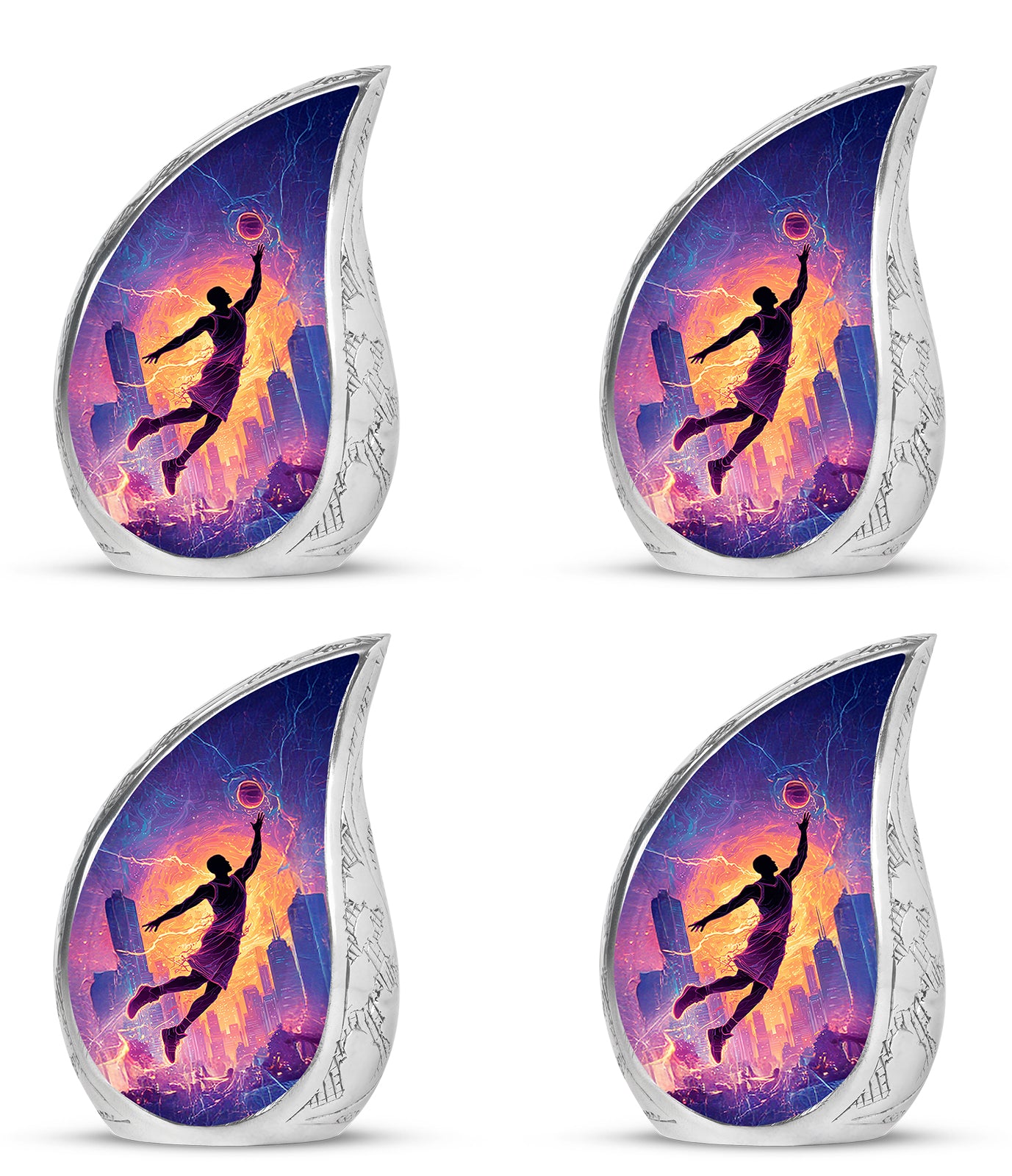 Onyx Black Basketball Cremation Urn close-up of engraving and surface detail - graceful tear-shaped urn with basketball motif - 10 inch aluminum urn for cremated remains