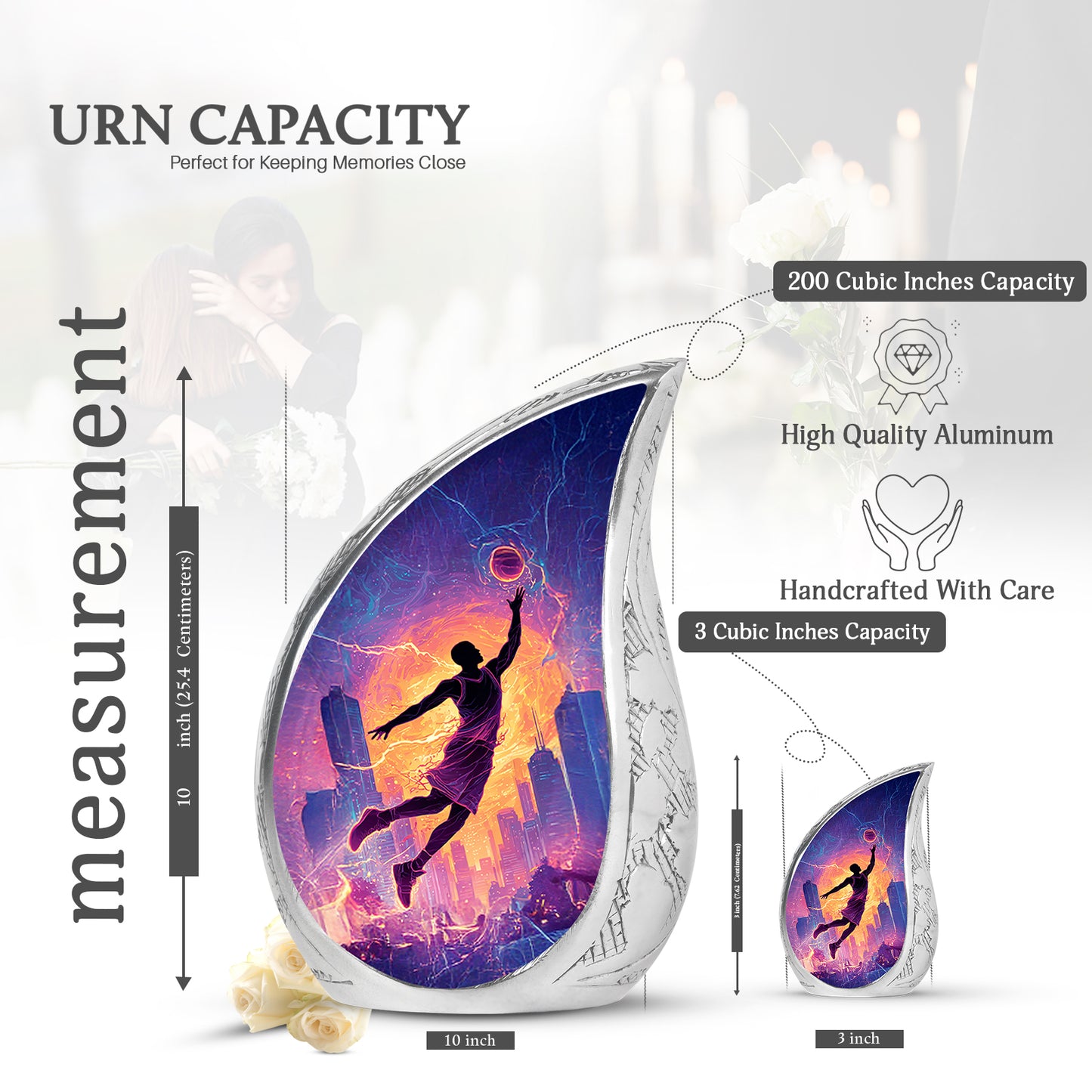 Rich Black Basketball Cremation Urn angled view of lid and engraved motif - rounded teardrop basketball design with delicate detail - mini keepsake memorial for portion of cremation ashes