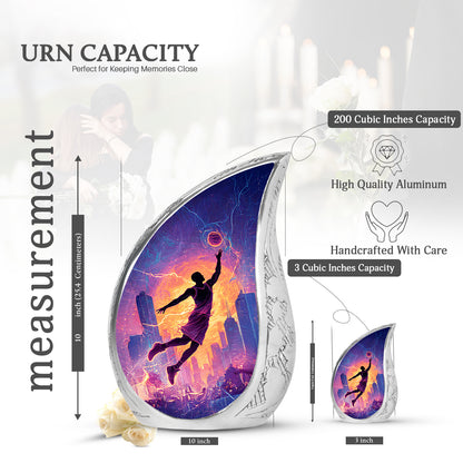 Rich Black Basketball Cremation Urn angled view of lid and engraved motif - rounded teardrop basketball design with delicate detail - mini keepsake memorial for portion of cremation ashes