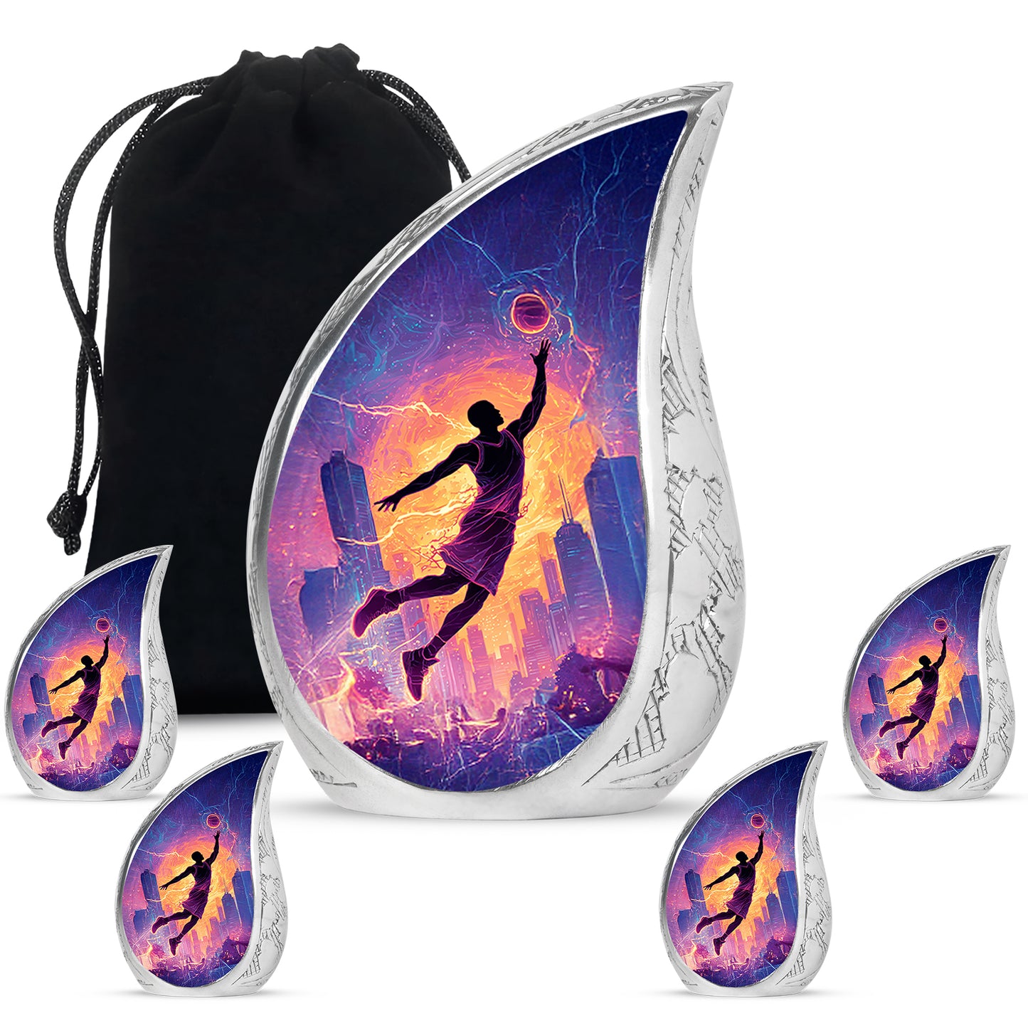 Dark Black Basketball Cremation Urn side profile showing urn shape - graceful tear-shaped urn with basketball motif - memorial set with one large and four small urns