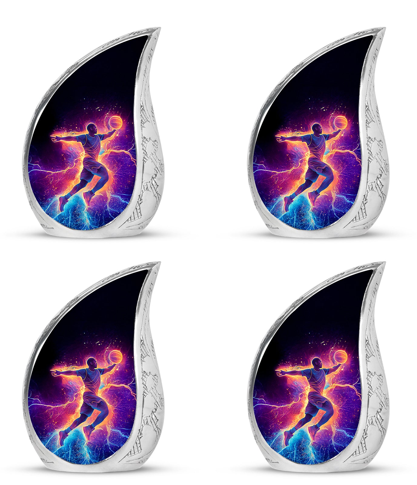 Onyx Black Basketball Cremation Urn close-up of engraving and surface detail - smooth teardrop contour featuring basketball art - 10 inch aluminum urn for cremated remains