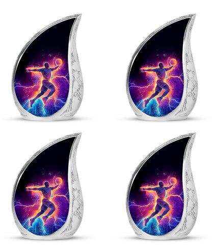Onyx Black Basketball Cremation Urn close-up of engraving and surface detail - smooth teardrop contour featuring basketball art - 10 inch aluminum urn for cremated remains