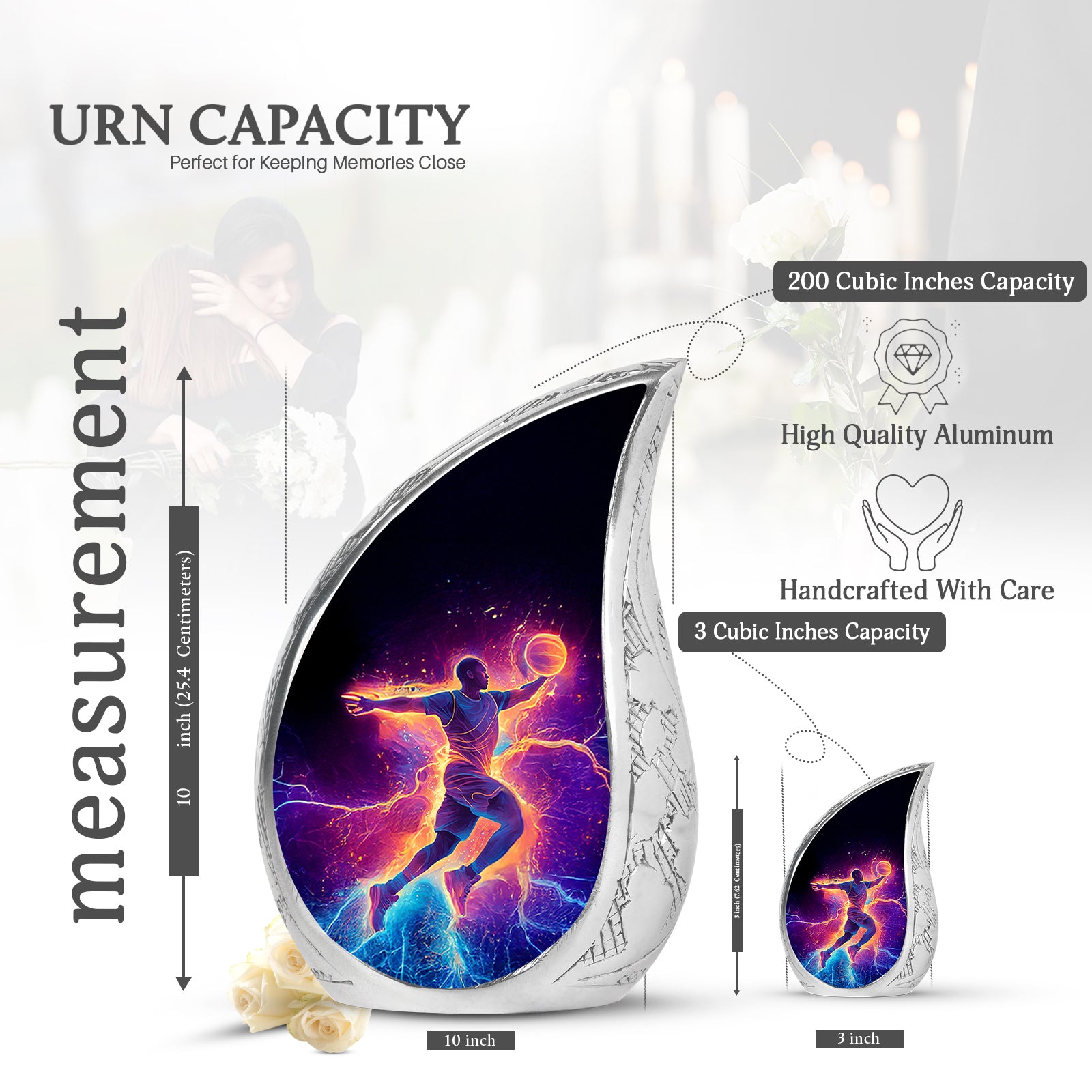 Charcoal Black Basketball Cremation Urn angled view of lid and engraved motif - graceful tear-shaped urn with basketball motif - mini keepsake memorial for portion of cremation ashes