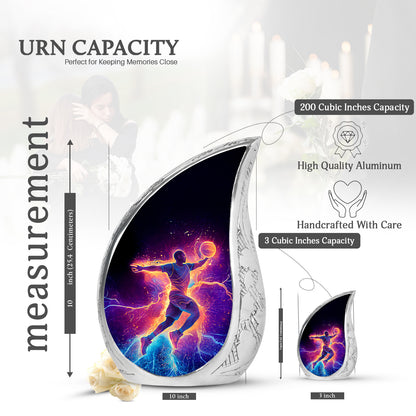 Charcoal Black Basketball Cremation Urn angled view of lid and engraved motif - graceful tear-shaped urn with basketball motif - mini keepsake memorial for portion of cremation ashes