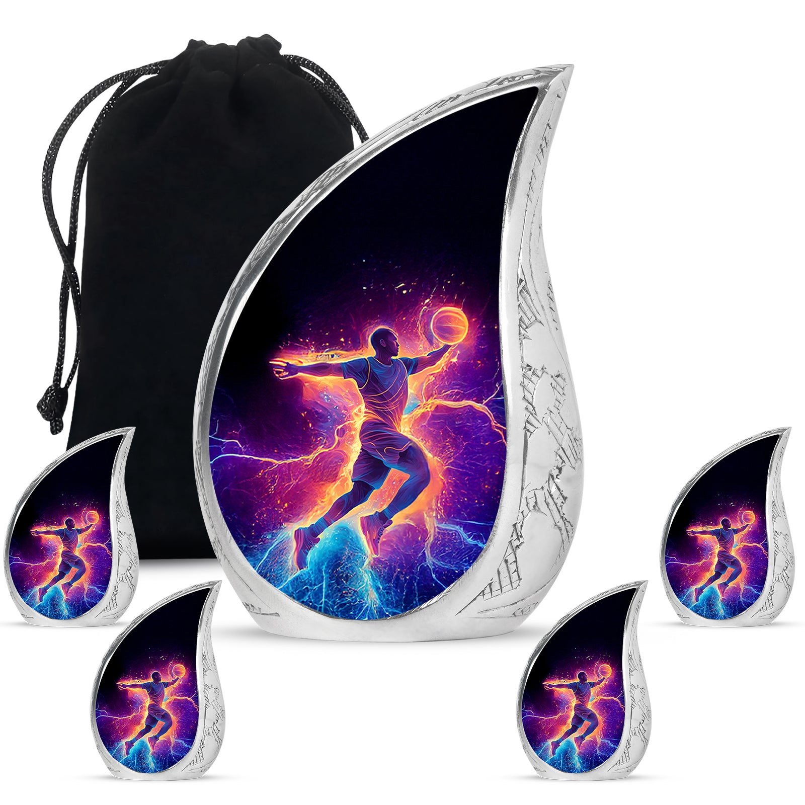 Obsidian Black Basketball Cremation Urn side profile showing urn shape - graceful tear-shaped urn with basketball motif - memorial set with one large and four small urns