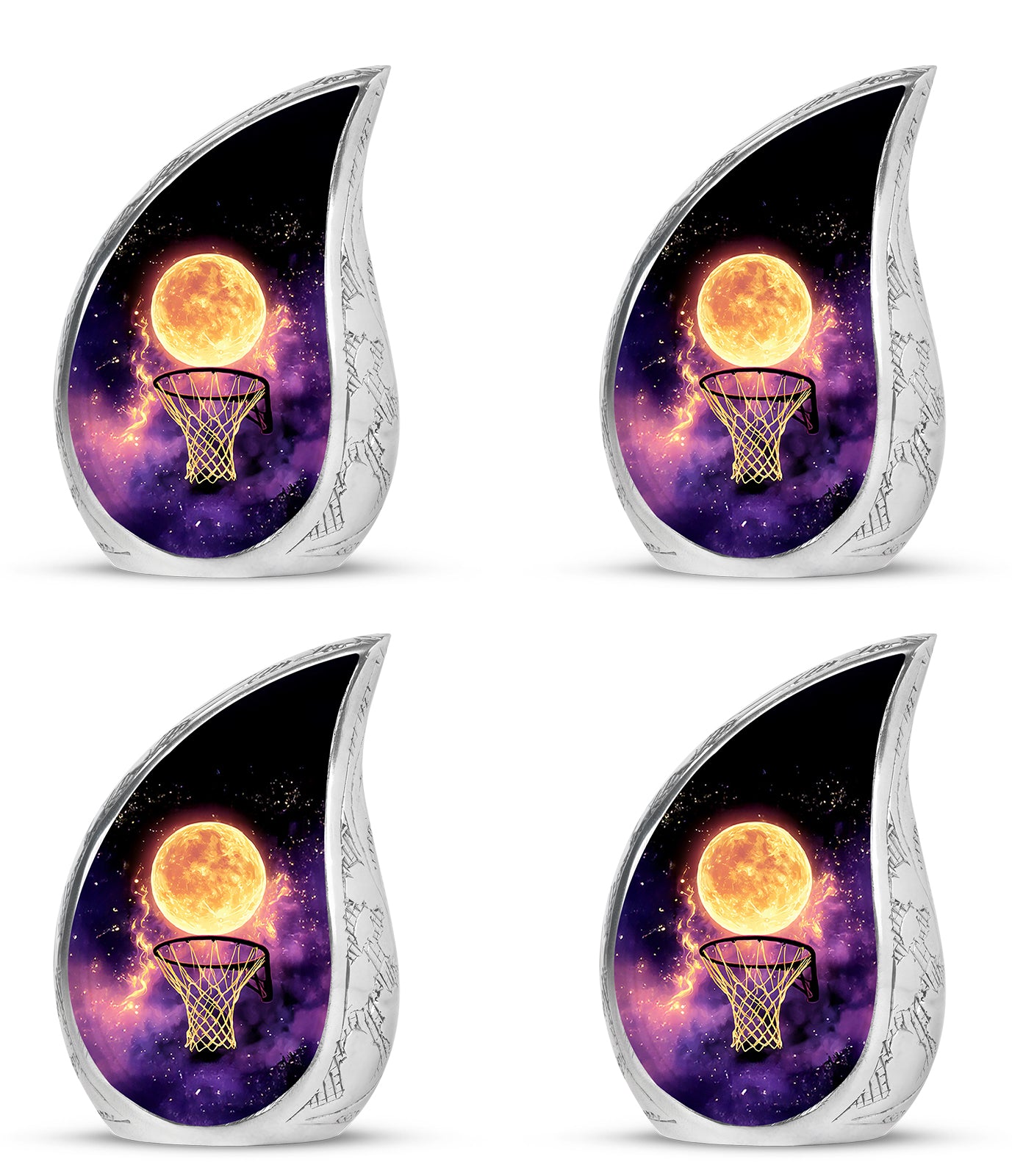 Ebony Basketball Cremation Urn close-up of engraving and surface detail - rounded teardrop basketball design with delicate detail - 10 inch aluminum urn for cremated remains