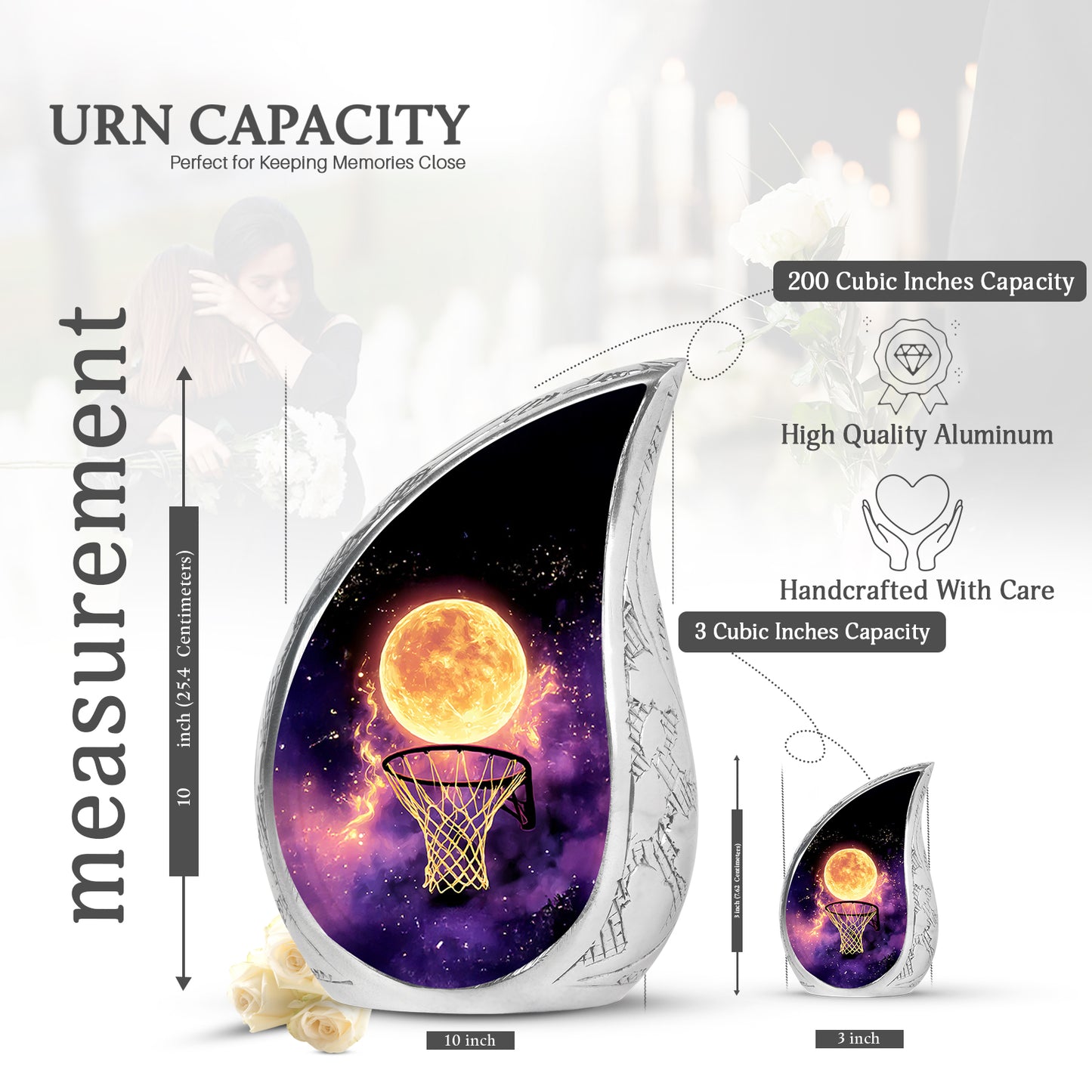 Midnight Black Basketball Cremation Urn angled view of lid and engraved motif - smooth teardrop contour featuring basketball art - mini keepsake memorial for portion of cremation ashes