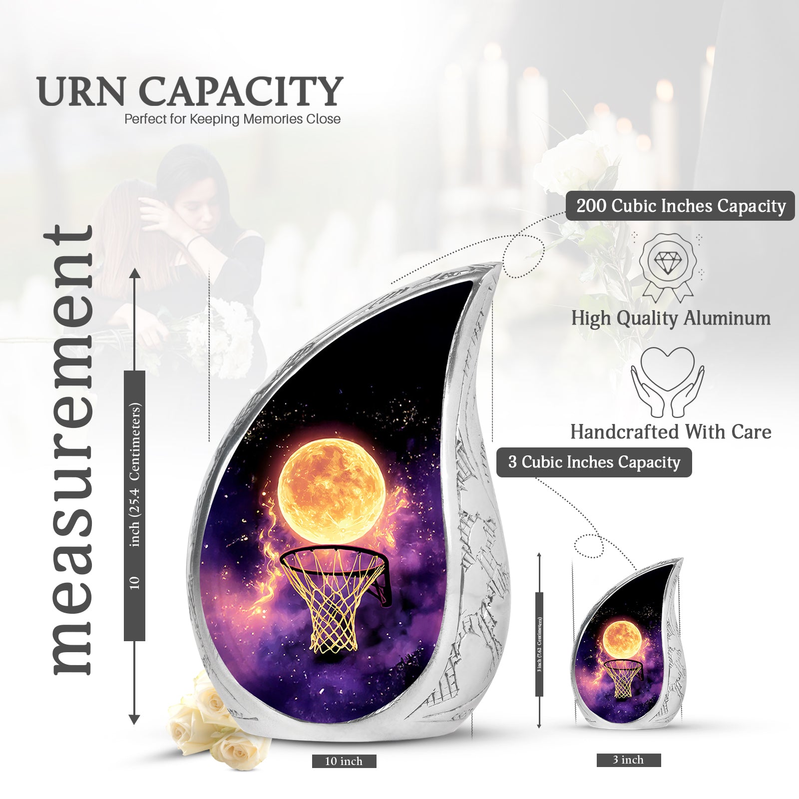 Midnight Black Basketball Cremation Urn angled view of lid and engraved motif - smooth teardrop contour featuring basketball art - mini keepsake memorial for portion of cremation ashes