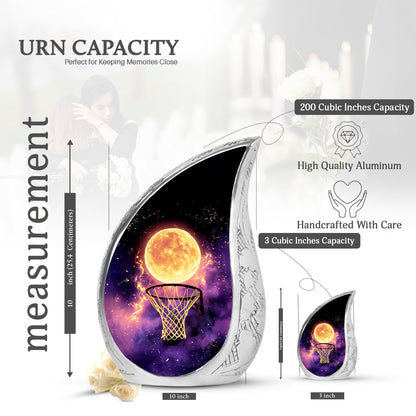 Midnight Black Basketball Cremation Urn angled view of lid and engraved motif - smooth teardrop contour featuring basketball art - mini keepsake memorial for portion of cremation ashes