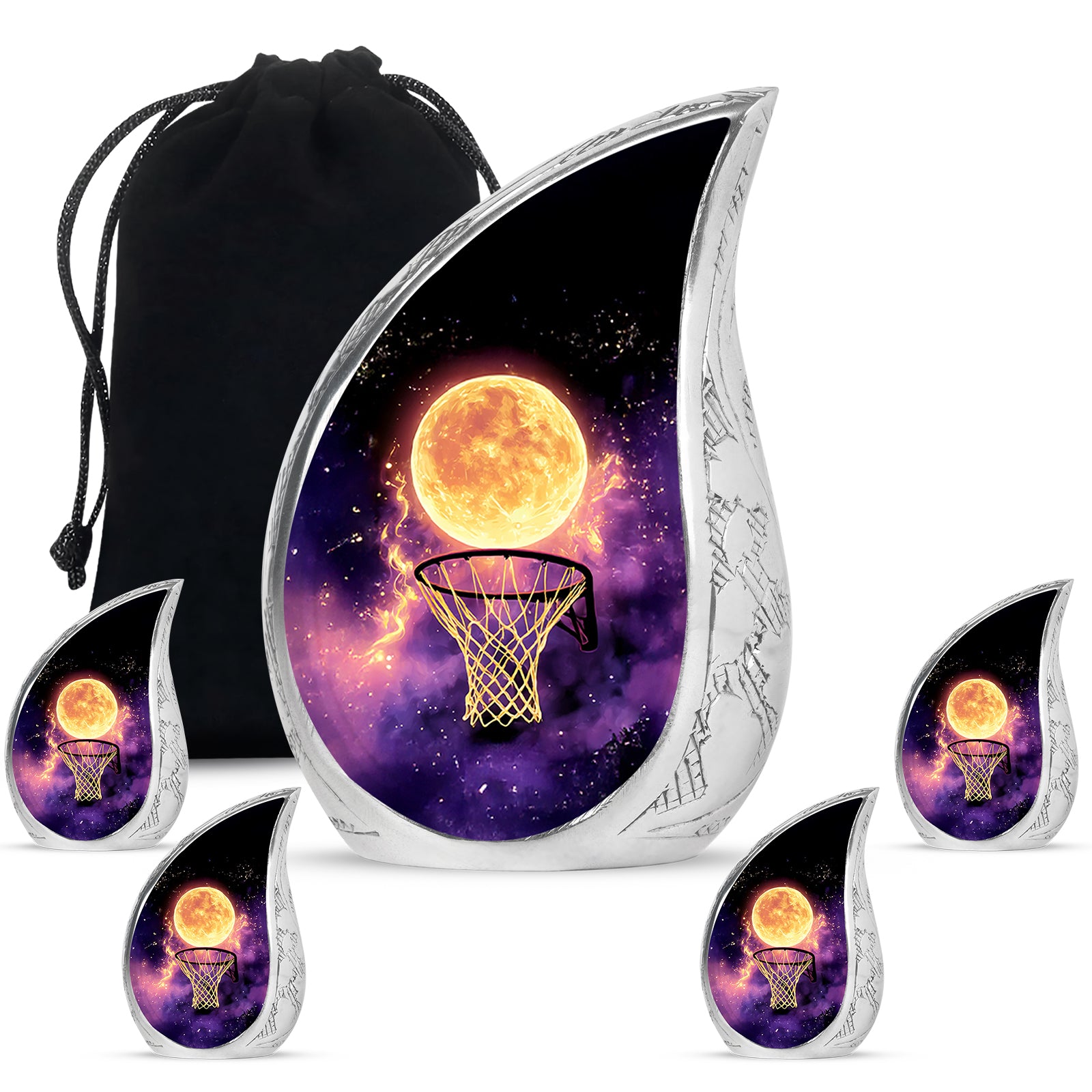 Charcoal Black Basketball Cremation Urn side profile showing urn shape - smooth teardrop contour featuring basketball art - memorial set with one large and four small urns