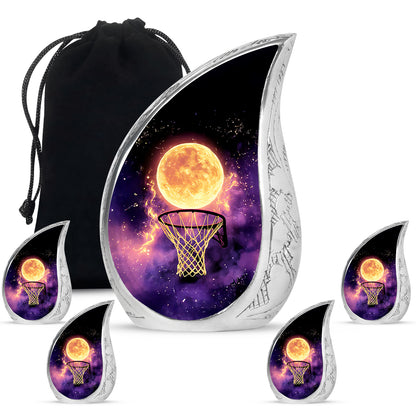 Charcoal Black Basketball Cremation Urn side profile showing urn shape - smooth teardrop contour featuring basketball art - memorial set with one large and four small urns