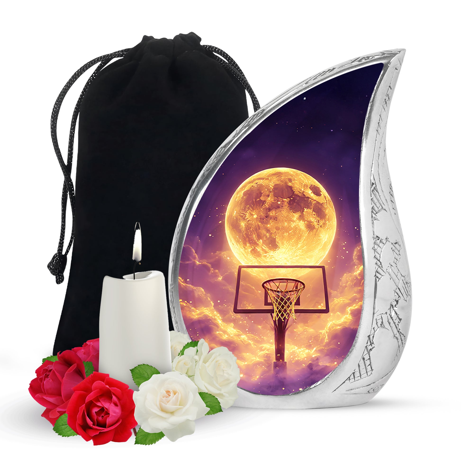 Slate Blue Basketball Cremation Urn front view showing detailed design - rounded teardrop basketball design with delicate detail - full-size 10 inch 200 cubic inch adult cremation urn