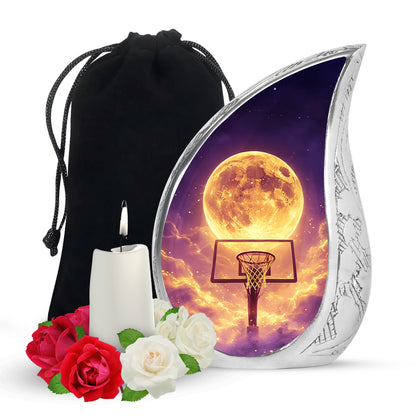 Slate Blue Basketball Cremation Urn front view showing detailed design - rounded teardrop basketball design with delicate detail - full-size 10 inch 200 cubic inch adult cremation urn