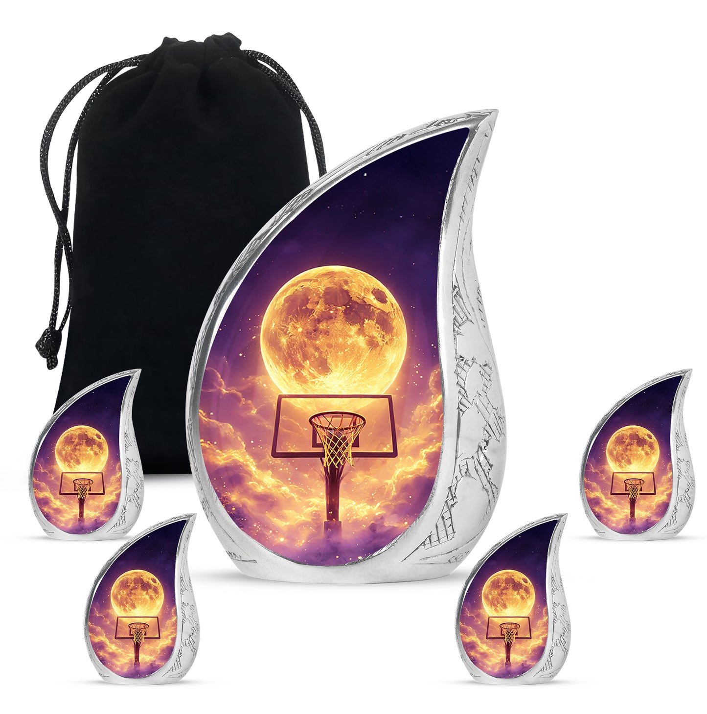 Calming Blue Basketball Cremation Urn side profile showing urn shape - smooth teardrop contour featuring basketball art - memorial set with one large and four small urns