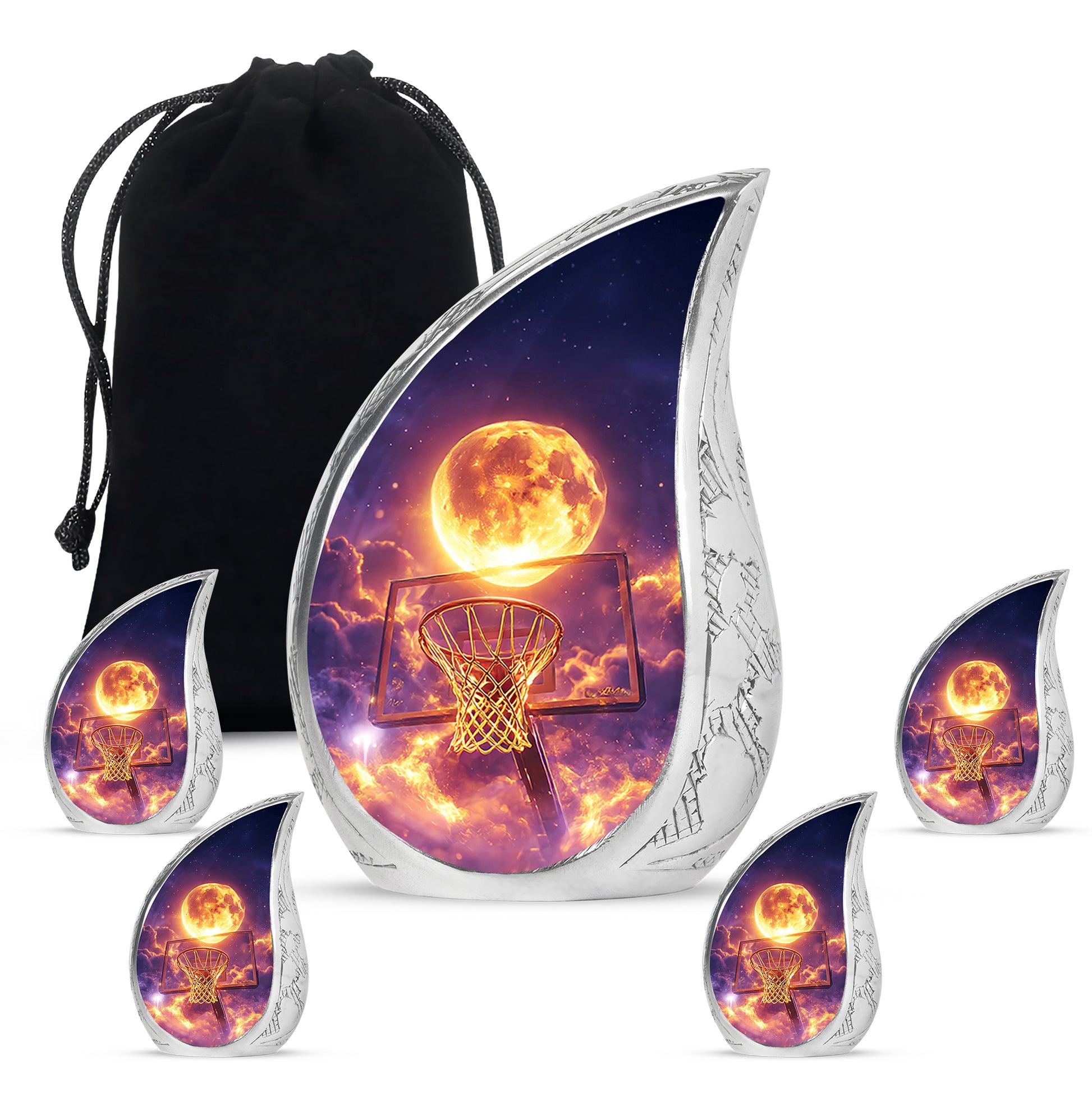 Azure Basketball Cremation Urn side profile showing urn shape - flowing teardrop basketball silhouette on curved aluminum - memorial set with one large and four small urns