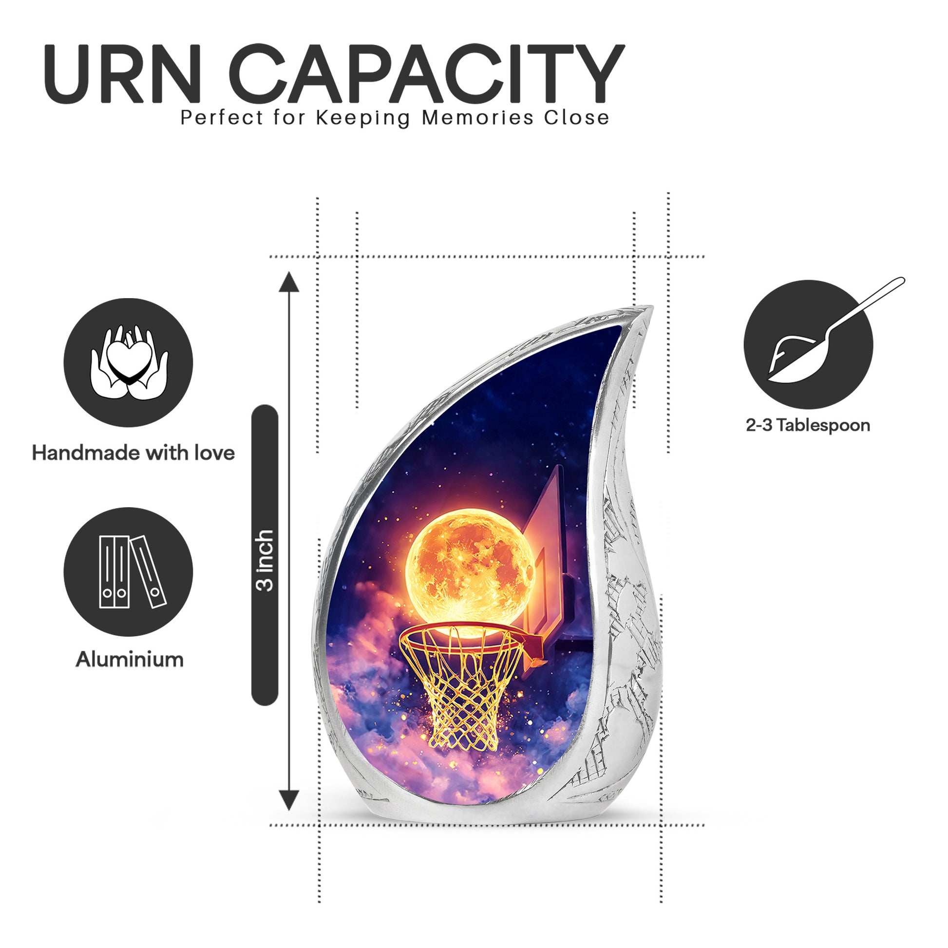 Celestial Blue Basketball Cremation Urn angled view of lid and engraved motif - flowing teardrop basketball silhouette on curved aluminum - mini keepsake memorial for portion of cremation ashes