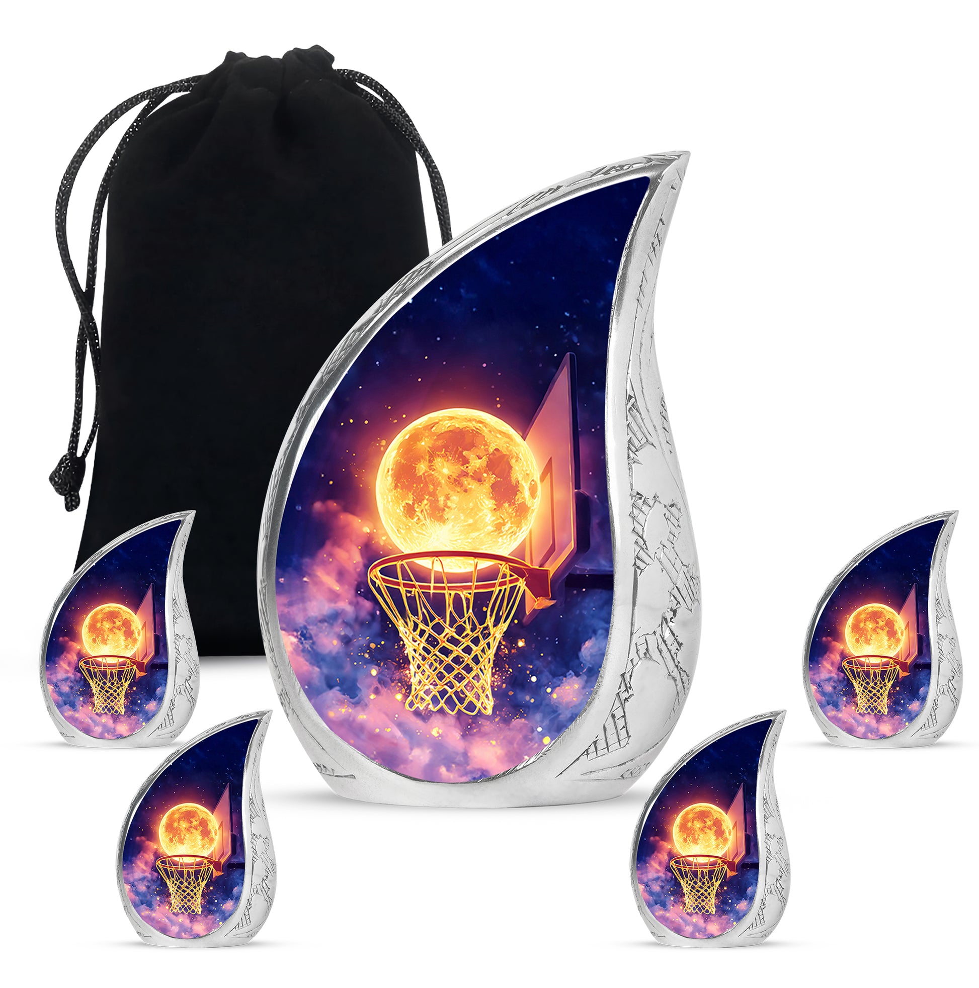 Slate Blue Basketball Cremation Urn side profile showing urn shape - rounded teardrop basketball design with delicate detail - memorial set with one large and four small urns