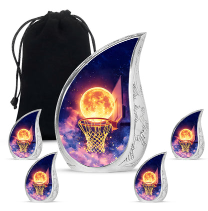 Slate Blue Basketball Cremation Urn side profile showing urn shape - rounded teardrop basketball design with delicate detail - memorial set with one large and four small urns