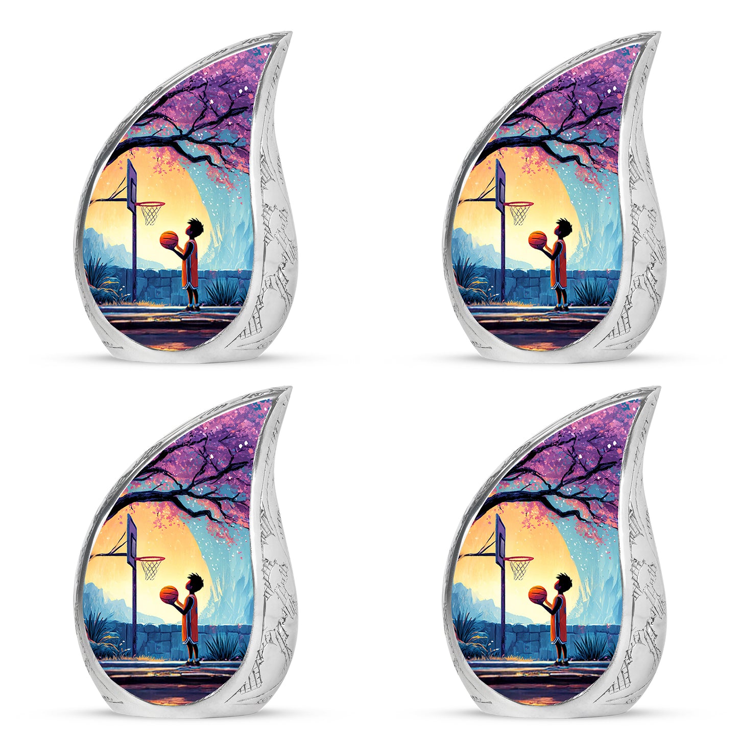 Sky Blue Basketball Cremation Urn close-up of engraving and surface detail - flowing teardrop basketball silhouette on curved aluminum - 10 inch aluminum urn for cremated remains